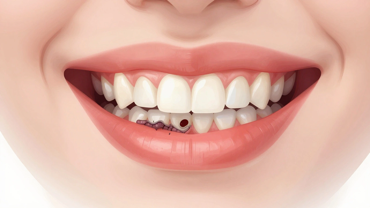 Vnitřní pohled na zubní dásně s nánosy zubního kamene a začínající kazu.