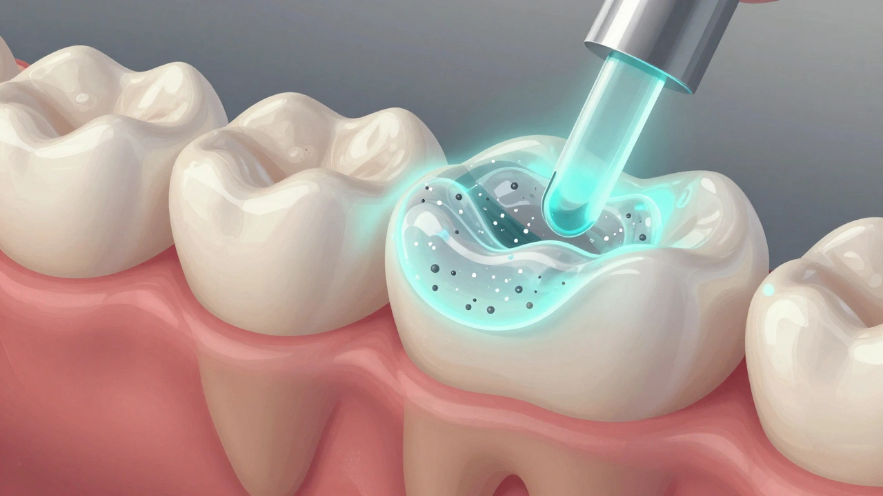 Vnitřní vrstvy kompozitní výplně v zubu pod světlem, s viditelnými skleněnými částicemi v plastické matici.