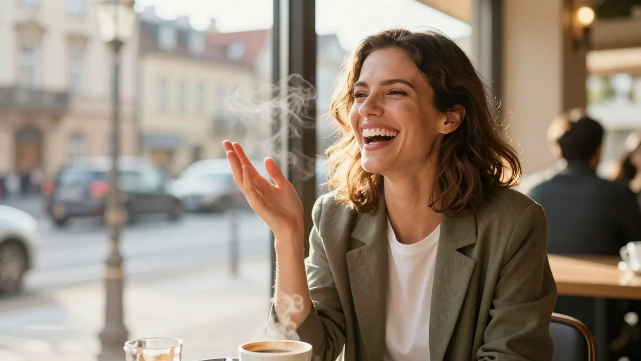 Žena se směje v kavárně s dokonalým úsměvem a slunečním světlem.
