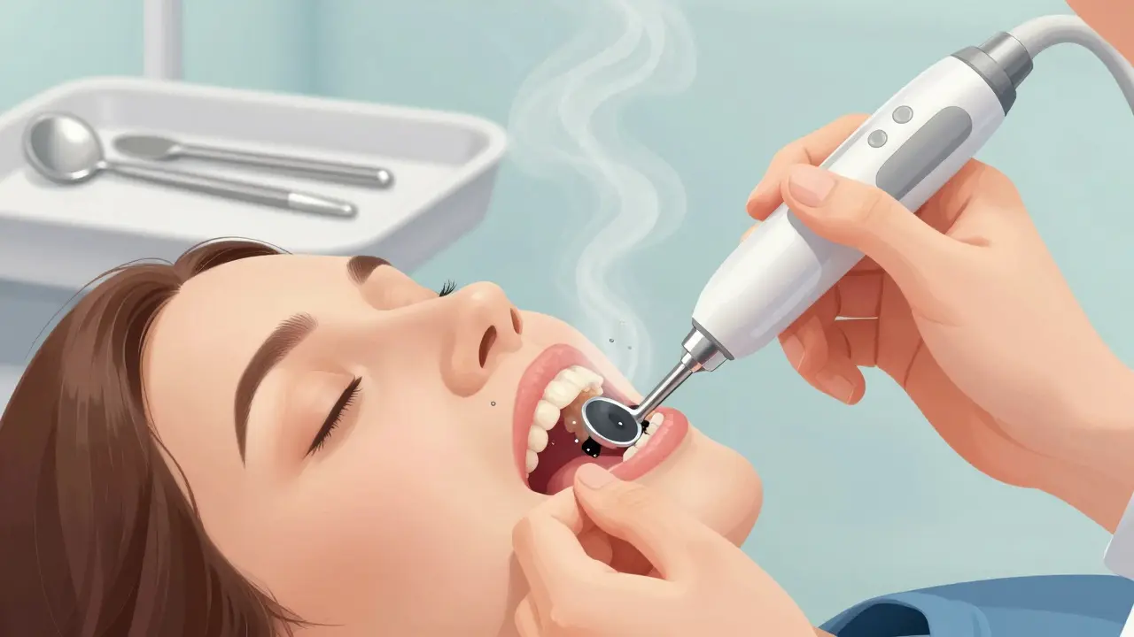 Zubní hygienička odstraňuje černý kámen pomocí ultrazvukového skrabu u pacienta.