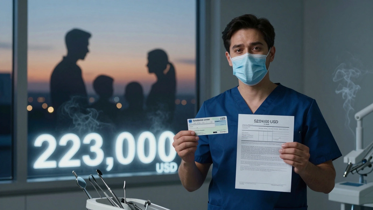 Zubní lékař přemýšlí o výdělku a školním dluhu při západu slunce.