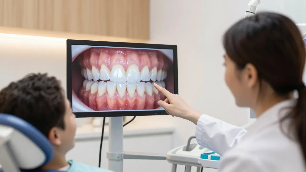 Zubní lékař ukazuje pacientovi digitální návrh fazet na zubech.