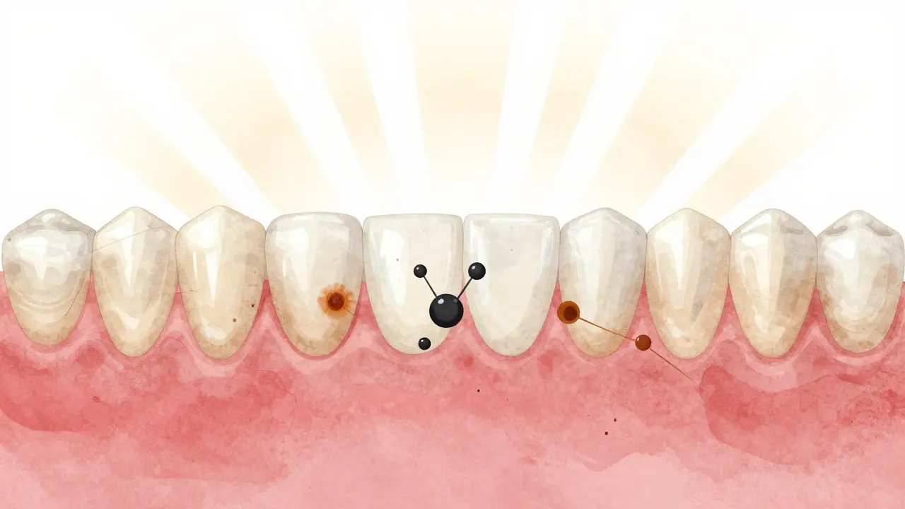 Abstraktní znázornění rozkladu skvrn na zubech chemickými molekulami, výsledkem je přirozeně bělejší úsměv.