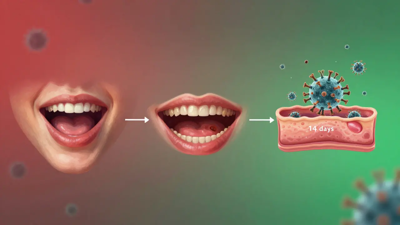 Časová osa ukazující vývoj virové infekce úst od zánětu k hojení během 14 dní.