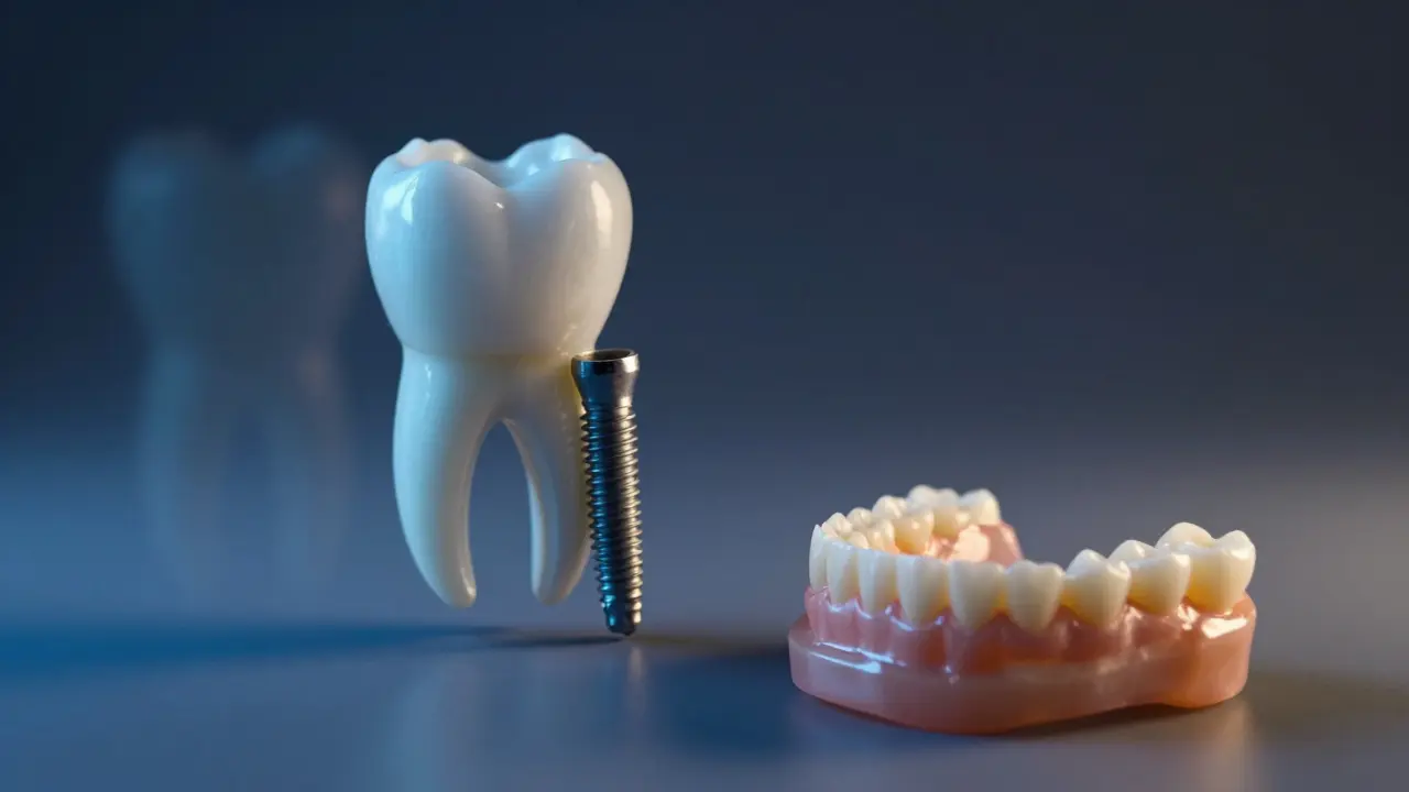 Čelist s rozpadající se kostí vedle zubního implantátu a vyjmoutelné protézy.