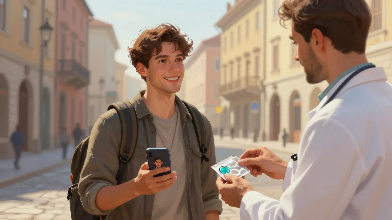 Cestovatel přijímá náhradní gumičky od ortodonta v cizině.