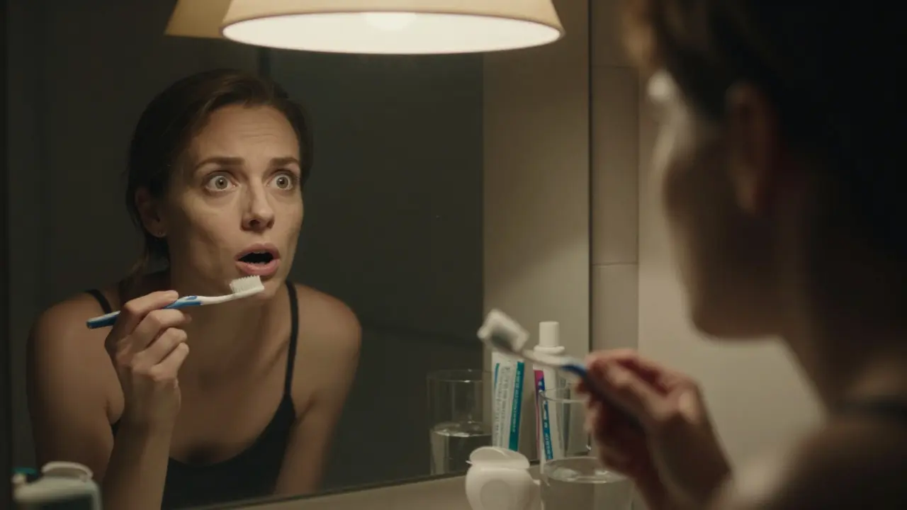 Člověk se dívá do zrcadla a vidí černou díru mezi zuby.