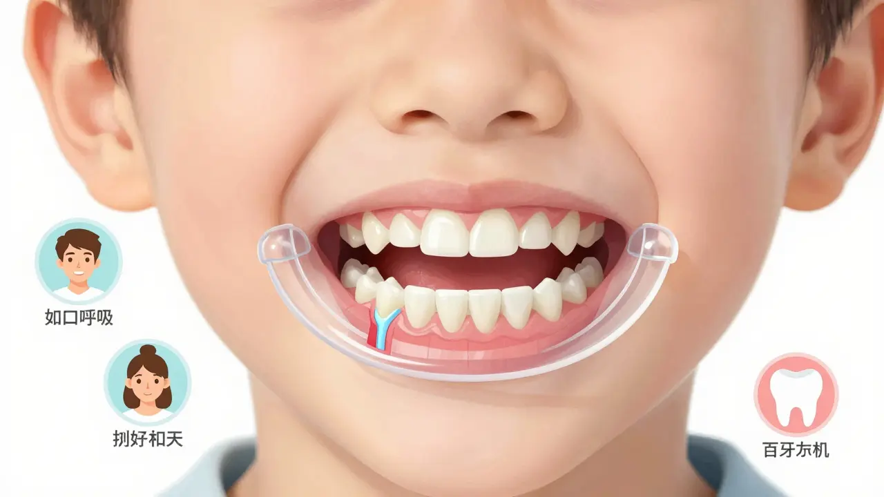 Dítě s rozšiřovačem čelisti, ilustrace ukazující růst kosti a příznaky potřeby léčby.