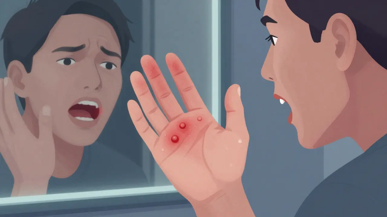 Dospělý s vředy v ústech a vyrážkou na rukou a nohou, znázorňující hand, foot and mouth disease.