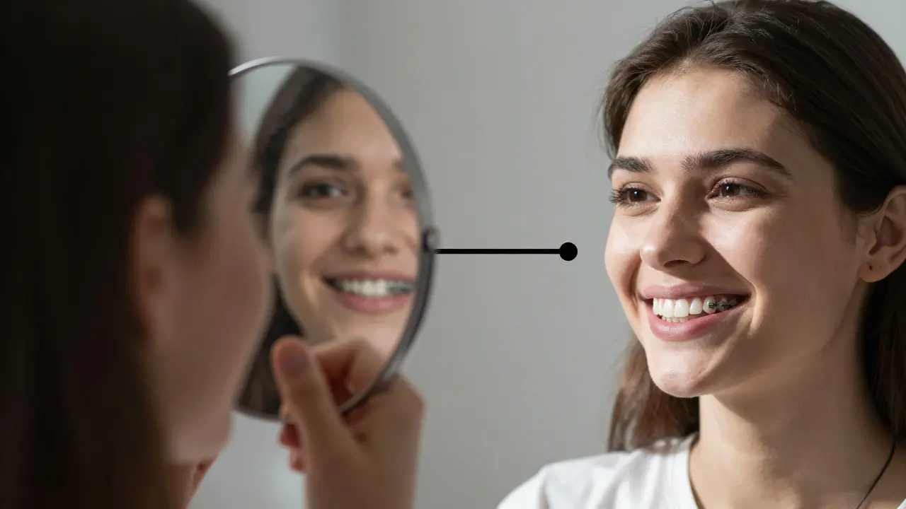 Dvě cesty: špatně zarovnané zuby po bělení a zdravé, rovné zuby po ortodontické léčbě.