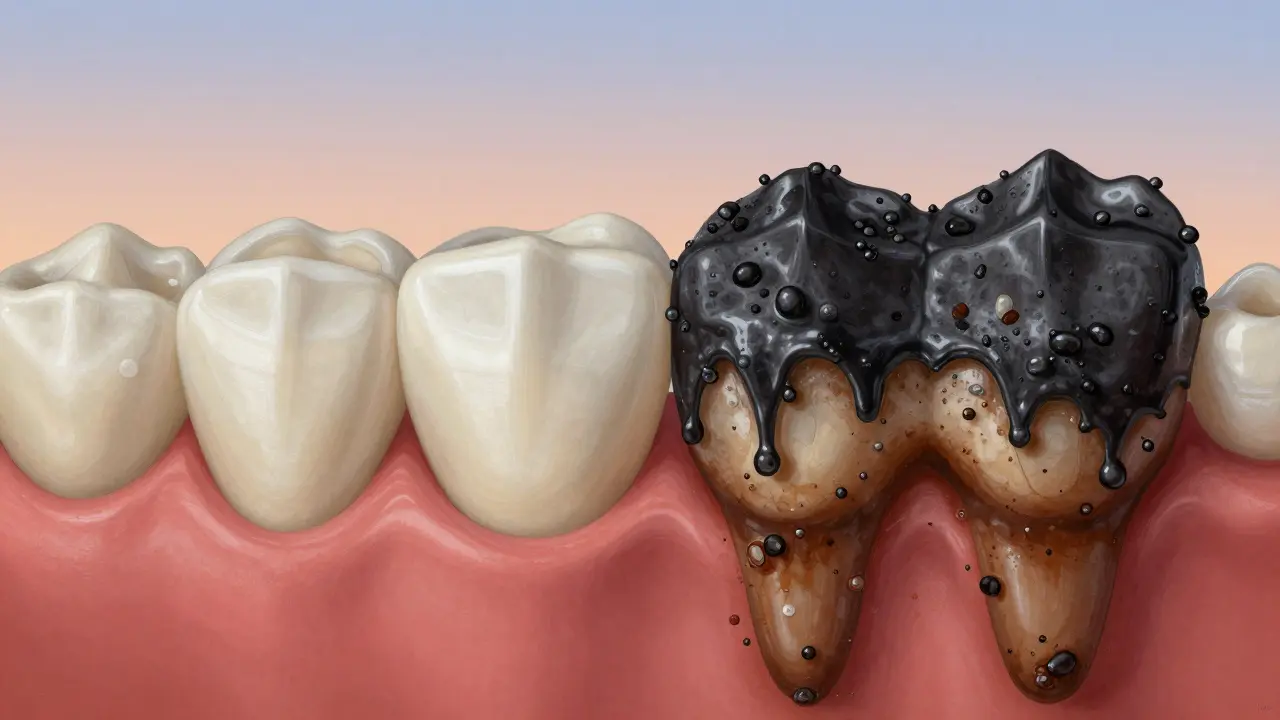 Dvě poloviny zubu: jedna čistá, druhá pokrytá tmavým kamenem od kávy a tabáku.