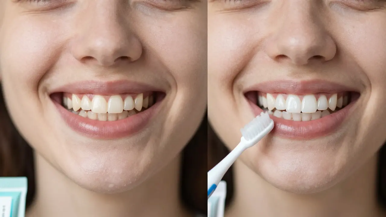 Dvě srovnávací snímky úsměvu: před a po použití bělicích pásek.