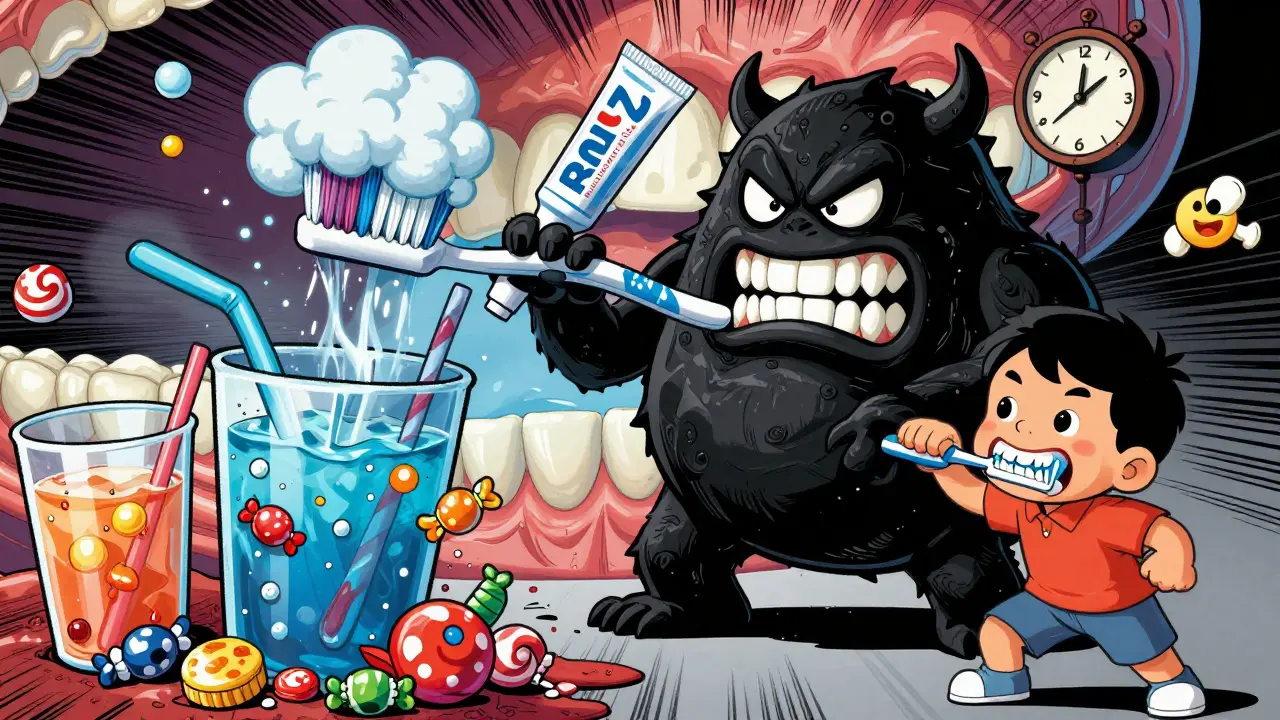 Hrdinská zubní kartáček bojuje proti černému zubnímu kamenu v komiksové stylizaci.