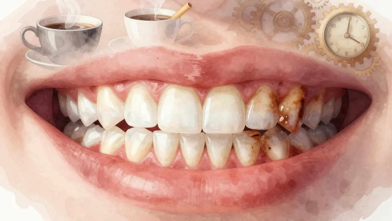 Kontrastní ilustrace zdravých a ztmavených zubů s symboly kávy, cigaret a stárnutí.