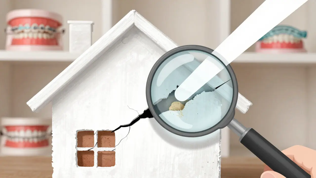 Křivá zeď natřená bílou barvou, ale stále viditelné nerovnosti a špína v štěrbinách, symbolizující neúčinné bělení.