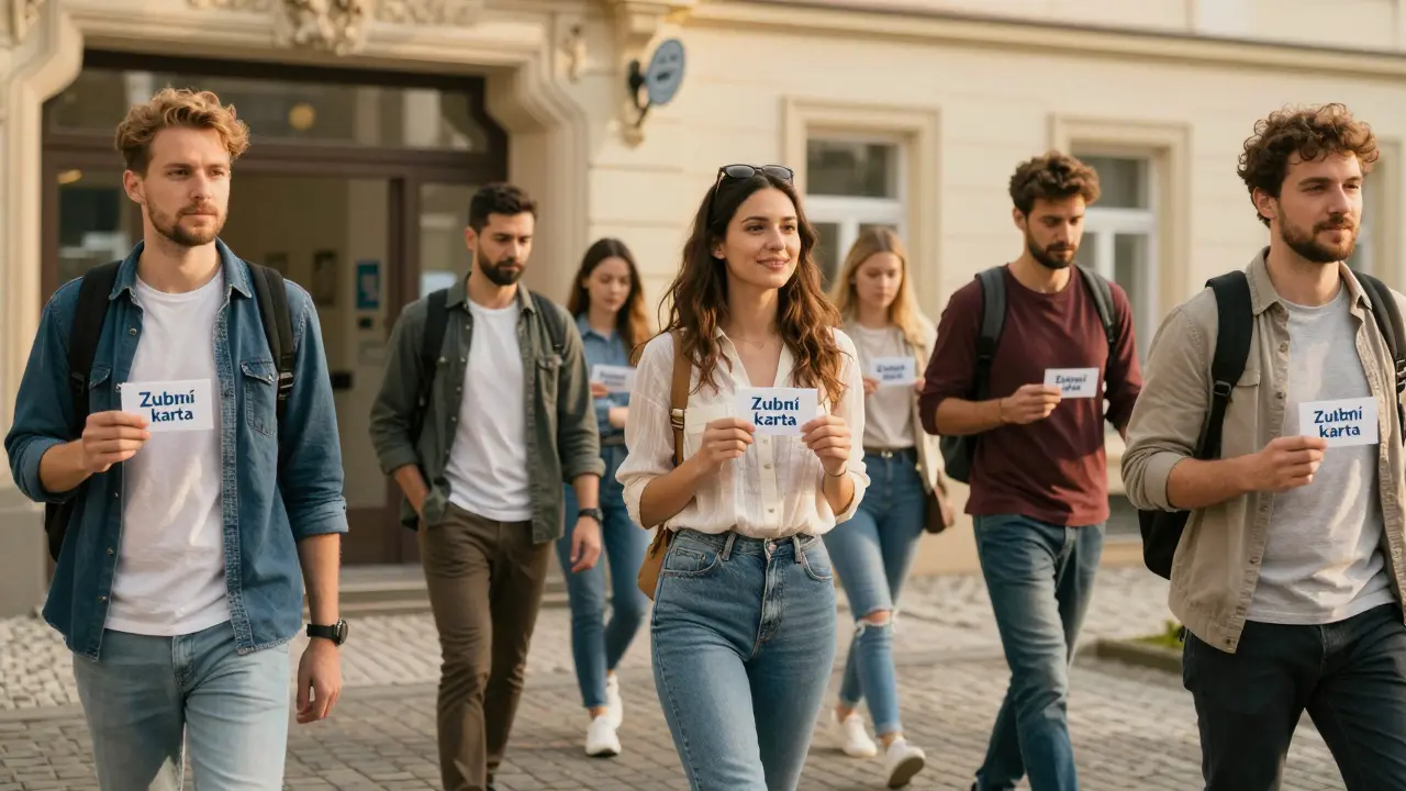 Lidé vstupují do různých zubních ordinací v Praze s vlastními zubními kartami.