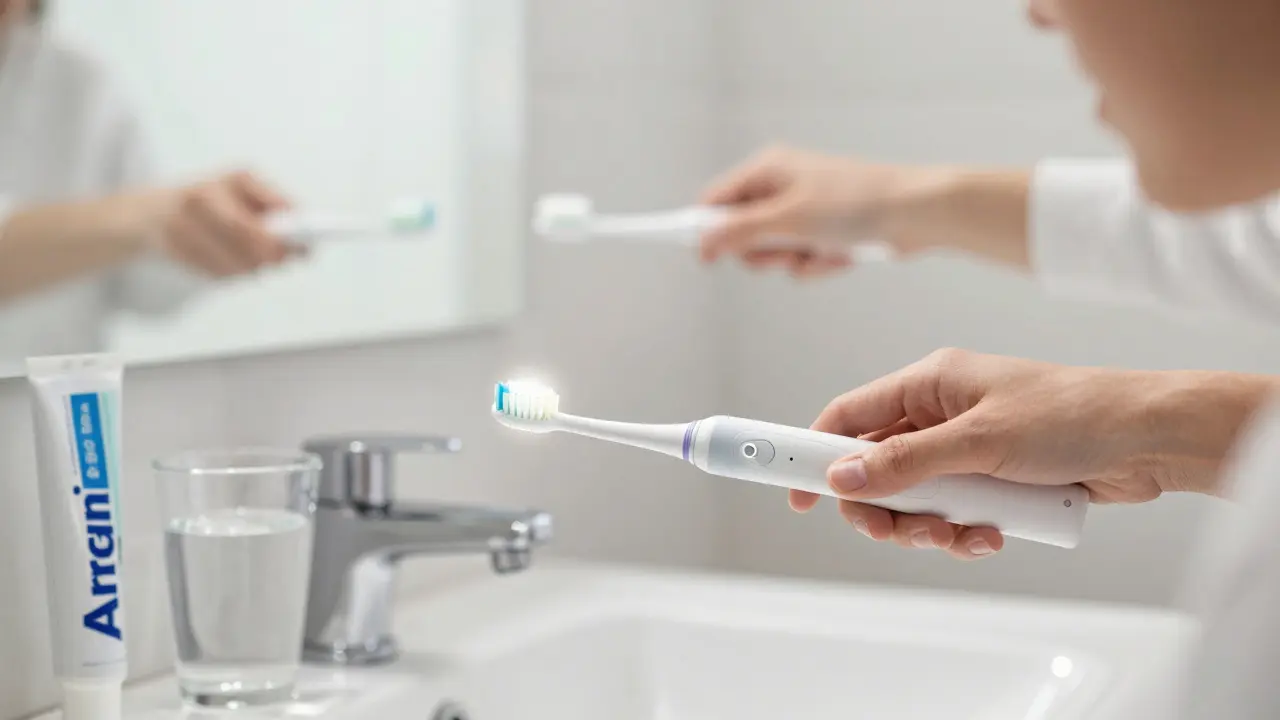 Osoba čistí zuby měkkým elektrickým štětcem s jemnými kruhovými pohyby