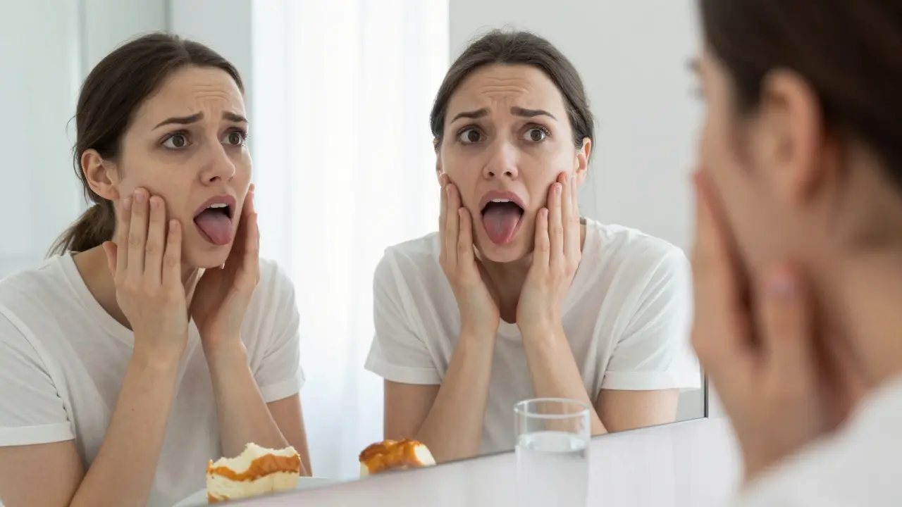 Osoba se dívá do zrcadla a dotýká se tváře a jazyka po dlouhé necitlivosti.