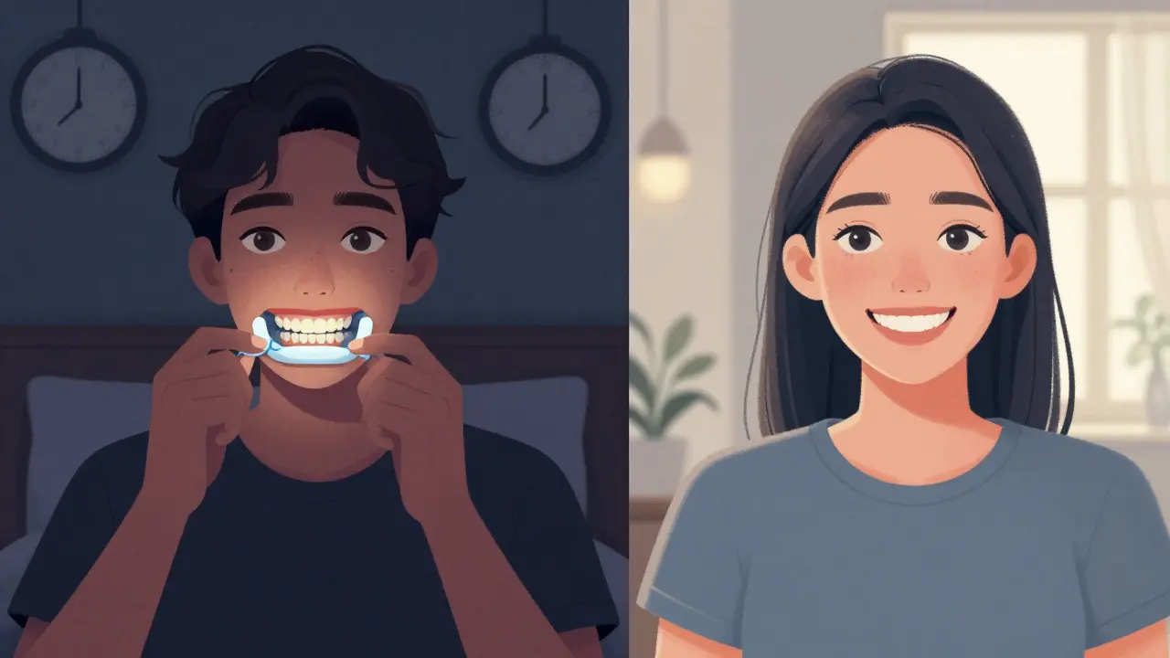 Pacient doma používá vlastní šablonu na bělení zubů, po dvou týdnech vidí zřetelný rozdíl v barvě.