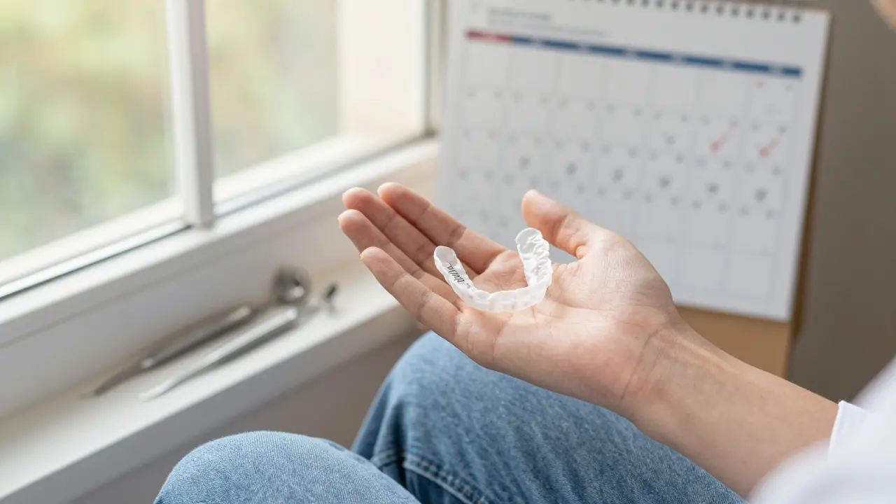 Pacient drží první sadu Invisalign v ruce při světle okna.