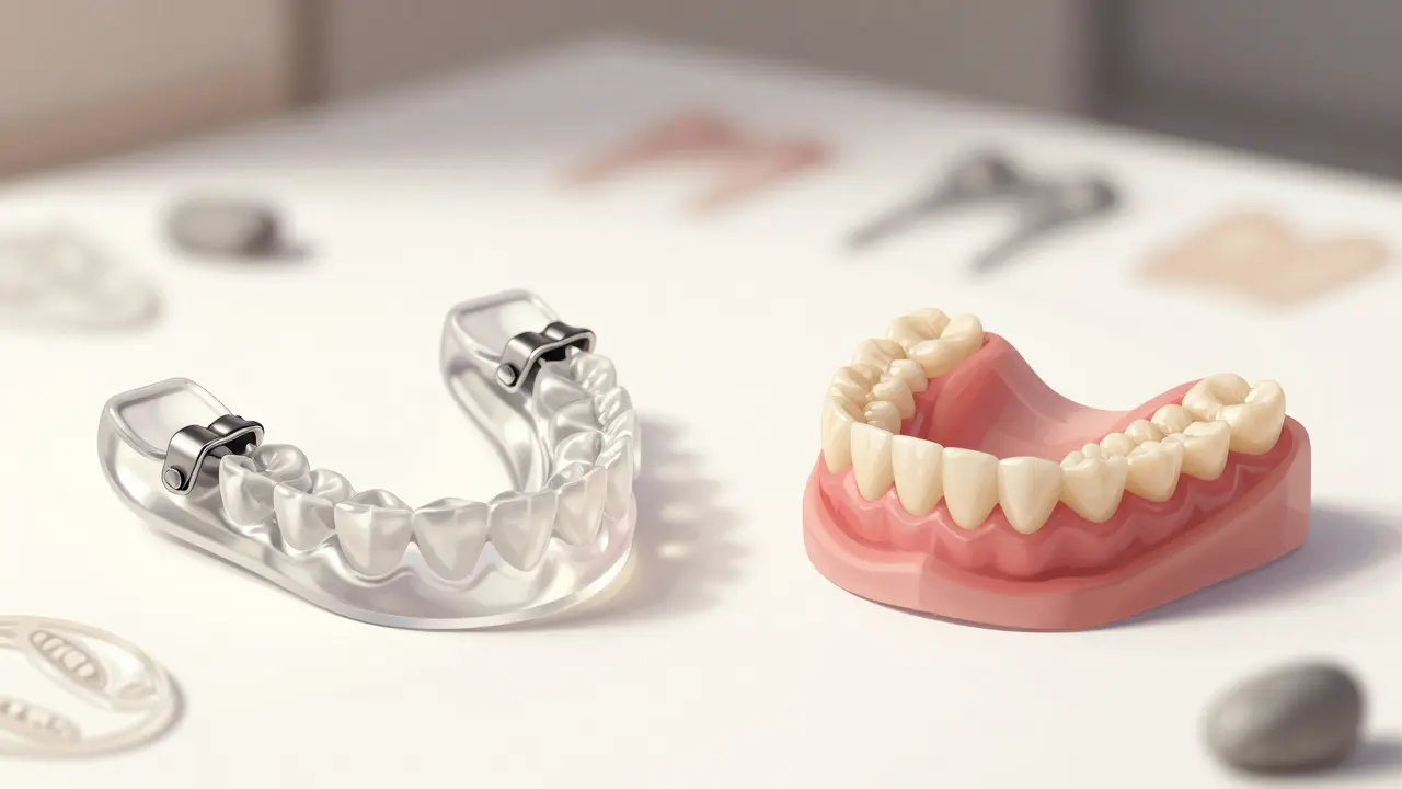 Porovnání částečné protézy s viditelnými háčky a neviditelným přichycením.