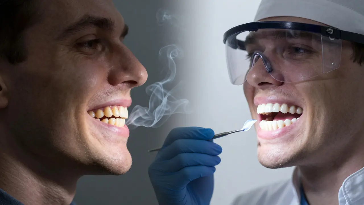 Přechod od tmavých zubů kouřícího člověka k čistým zubům po profesionálním ošetření u zubního lékaře.