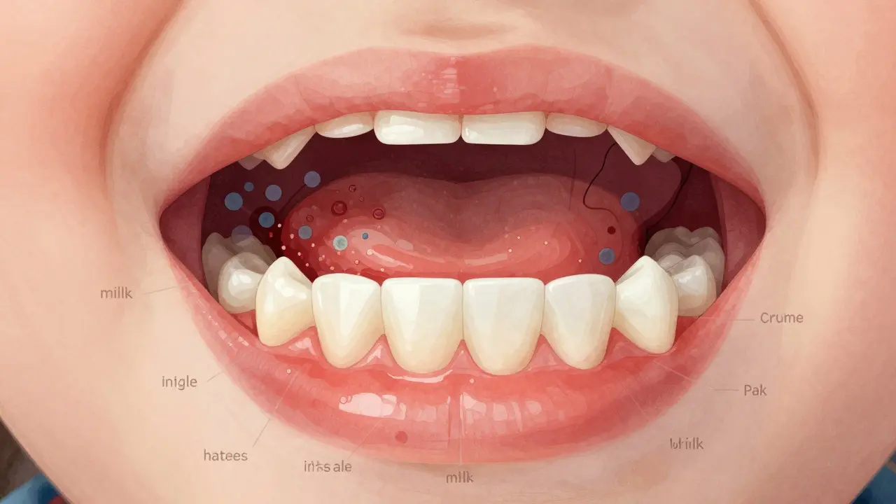 Přehled vnitřního vzhledu dětského zubu s plakem a zánětem dásní.
