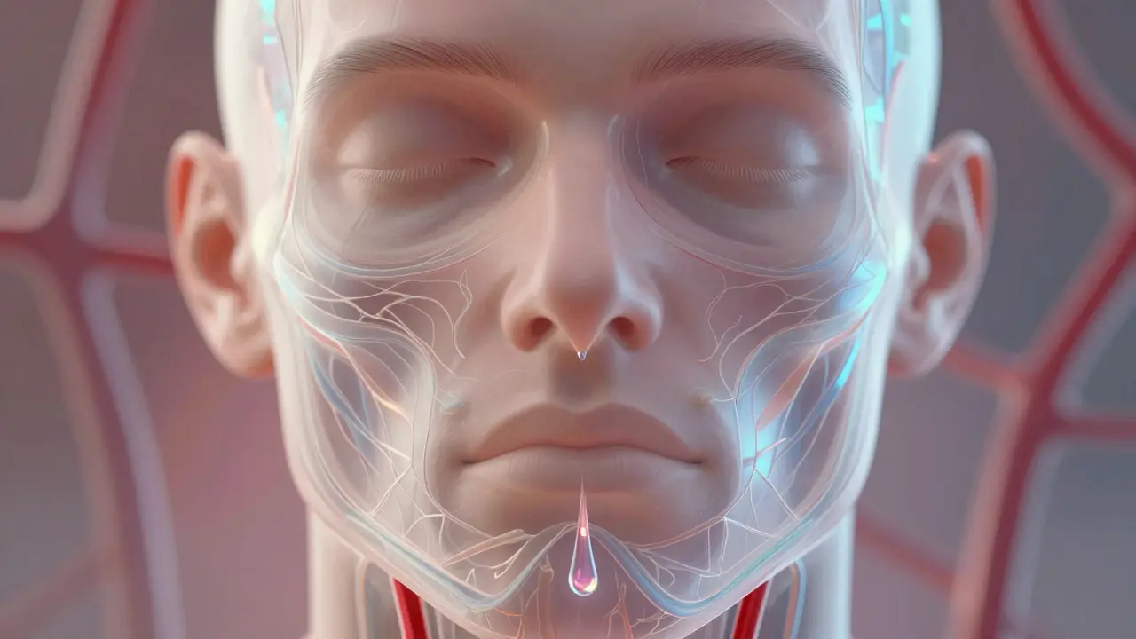 Přehledná ilustrace nervových cest v čelisti s postupně mizícím účinkem anestetika.