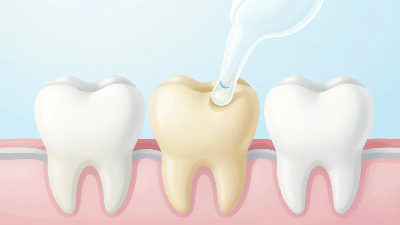 Přehledný náčrt chemického účinku peroxidu vodíku na zubní email.