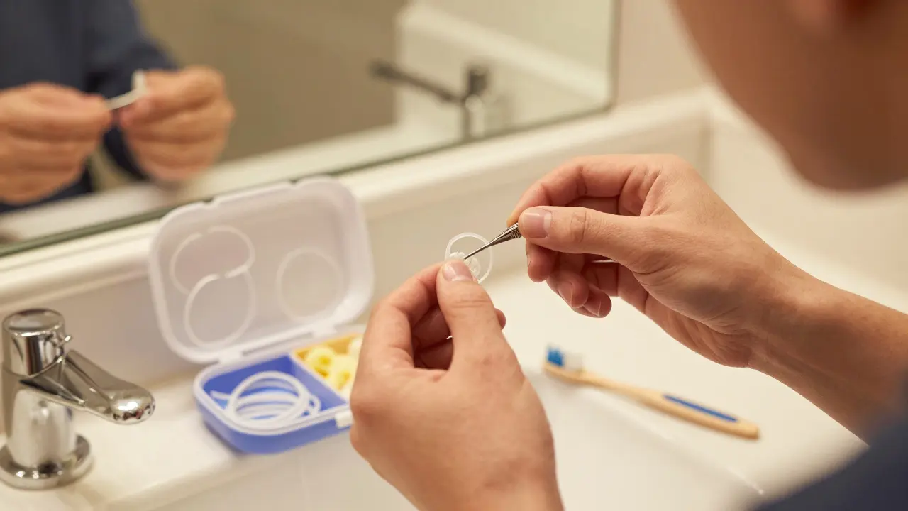 Přesné zrcadlové zobrazení osoby připevňující novou gumičku na rovnátka.