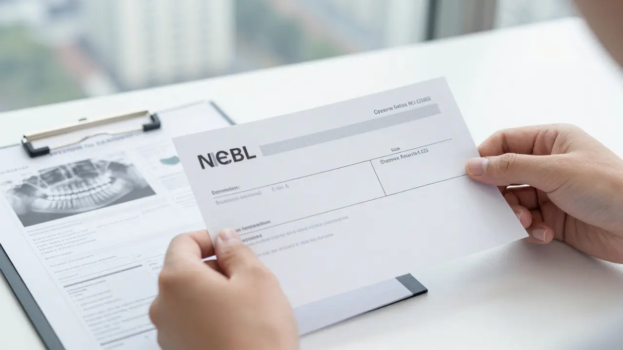 Ruka drží potvrzení o zrušení registrace vedle zubní karty na stole.