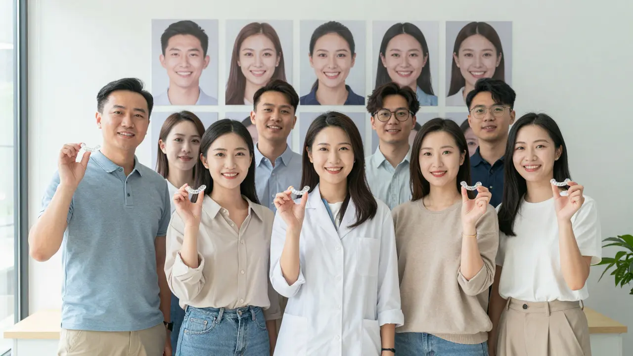Skupina dospělých drží svá průhledná zubní rovnátka a usmívá se s pocitem sebedůvěry.