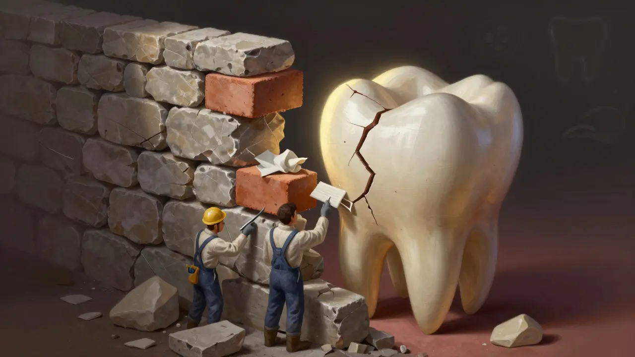 Symbolický obraz poškozeného zubu jako zdiva, které se opravuje.