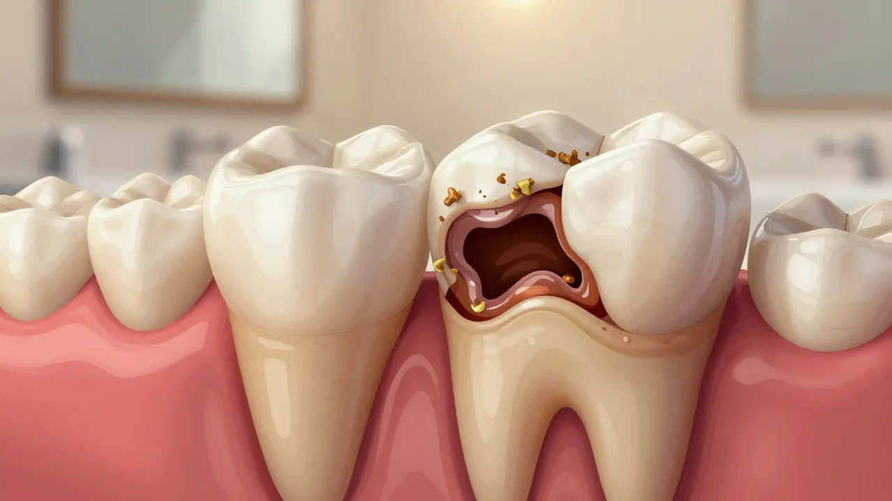 Tmavá díra mezi zuby s viditelným poškozením zubní tkáně.