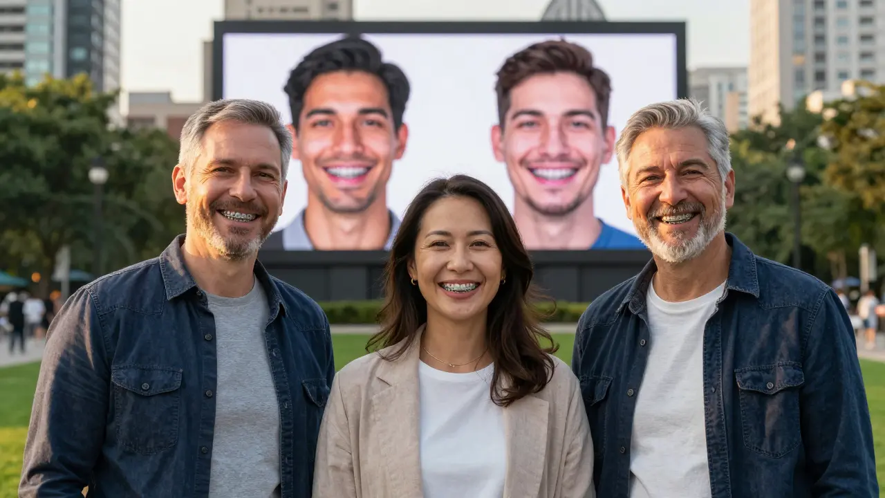 Tři dospělí lidé s různými typy rovnátek stojí v parku a smějí se společně.