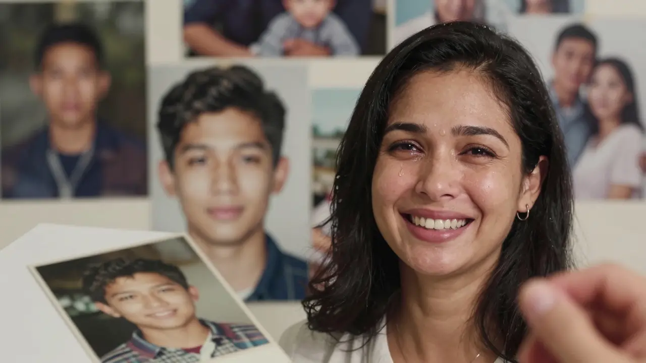 Žena drží fotografii svého nového úsměvu vedle syna, plná radosti.