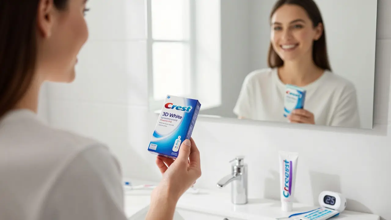 Žena se směje do zrcadla, drží krabičku bělicích pásek v koupelně.