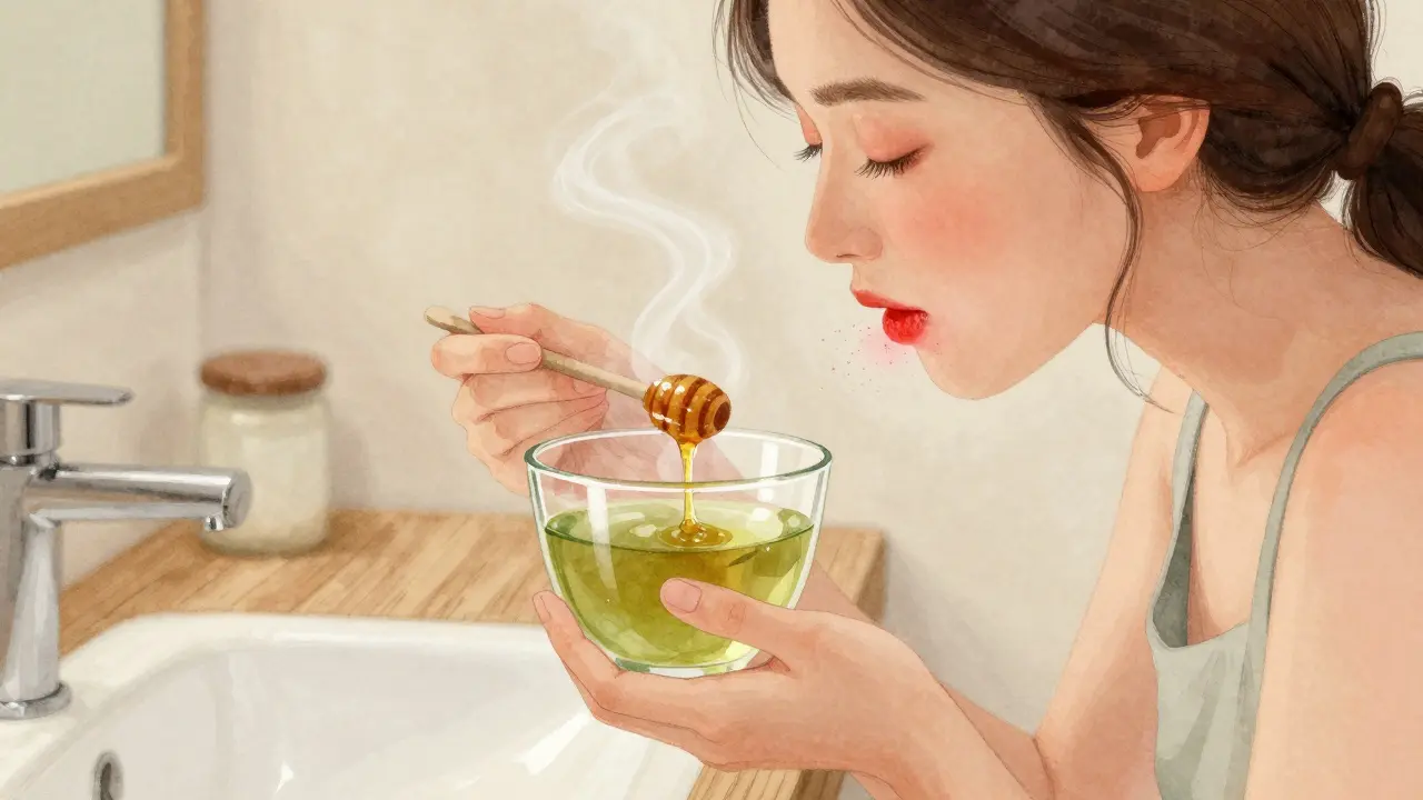 Žena si pláchnou ústa zeleným čajem s medem a mátou, viditelně klidná a zdravá.