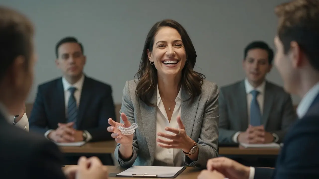 Žena v profesionálním prostředí se směje během schůzky, její zubní rovnátka jsou téměř neviditelná.