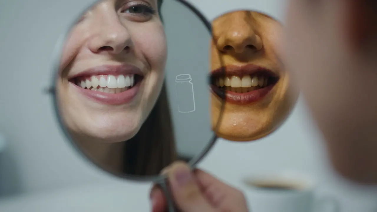 Zrcadlo odrazující dva různé stavy úst — čisté vs. ztmavené zuby s příčinami v pozadí.