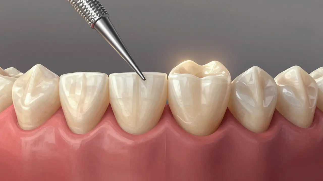 Zubní most přes chybějící zub, sousední zuby jsou ořezané pro korunky.