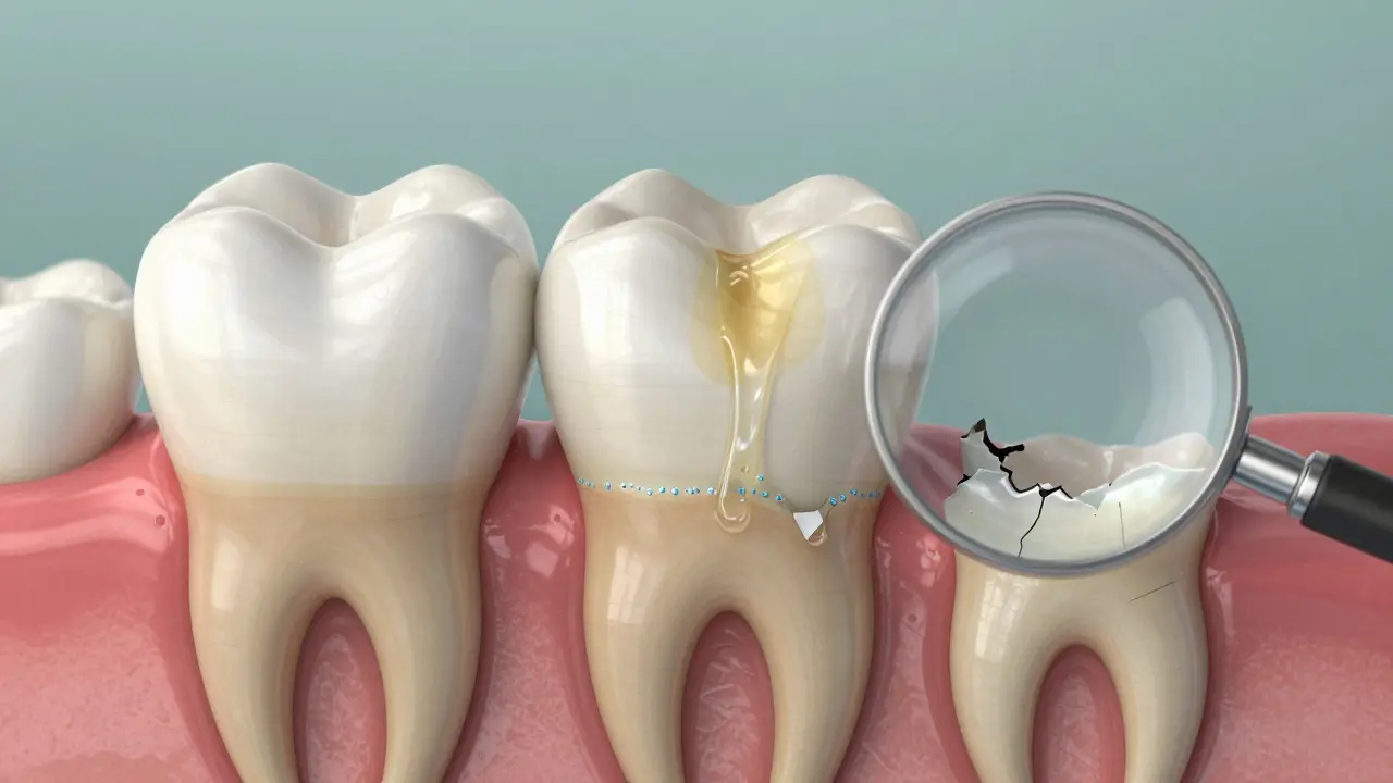 Zvětšený pohled na zubní sklovinku s odstraňovanými skvrnami a ochrannými ionty fluoridu.