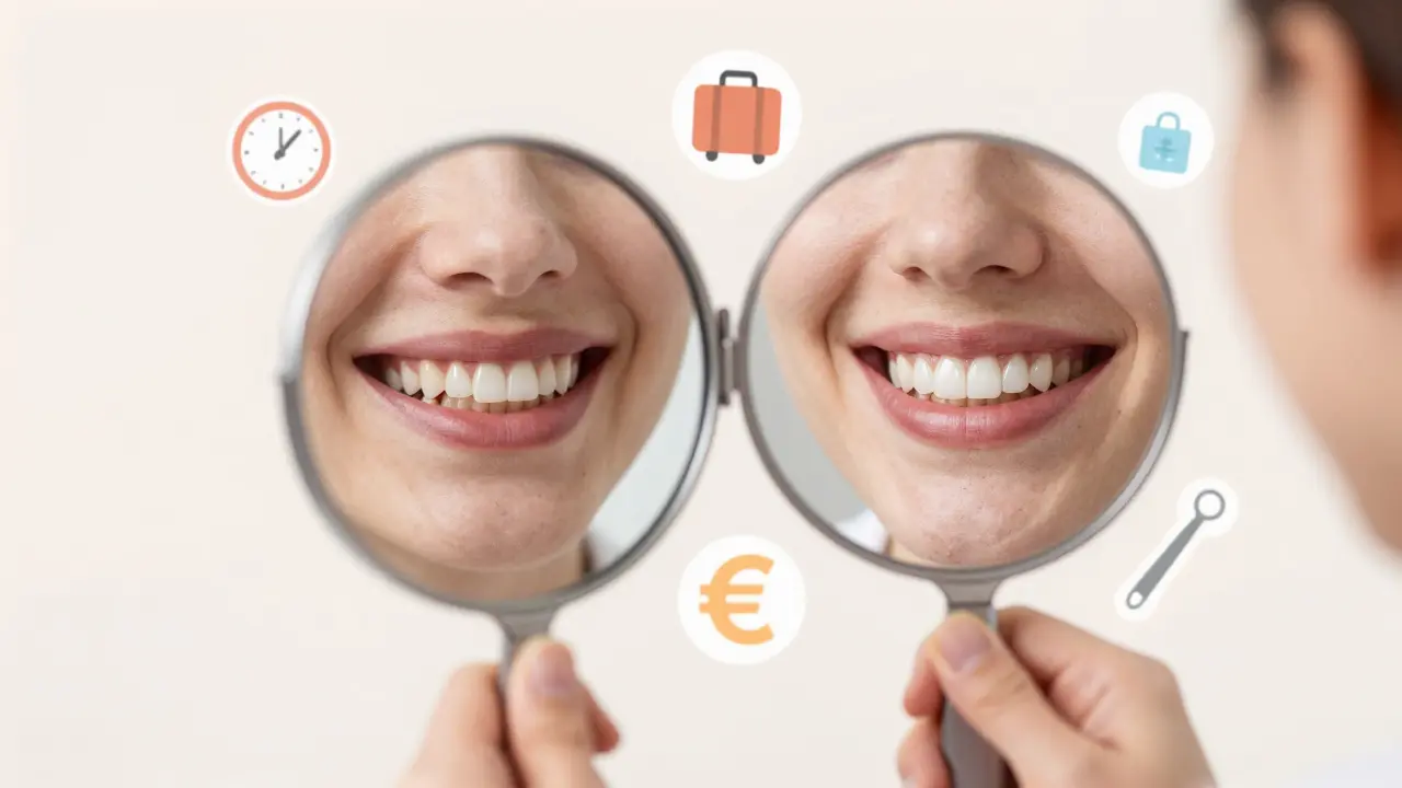 A person's smile transformed from uneven to perfect with composite veneers.