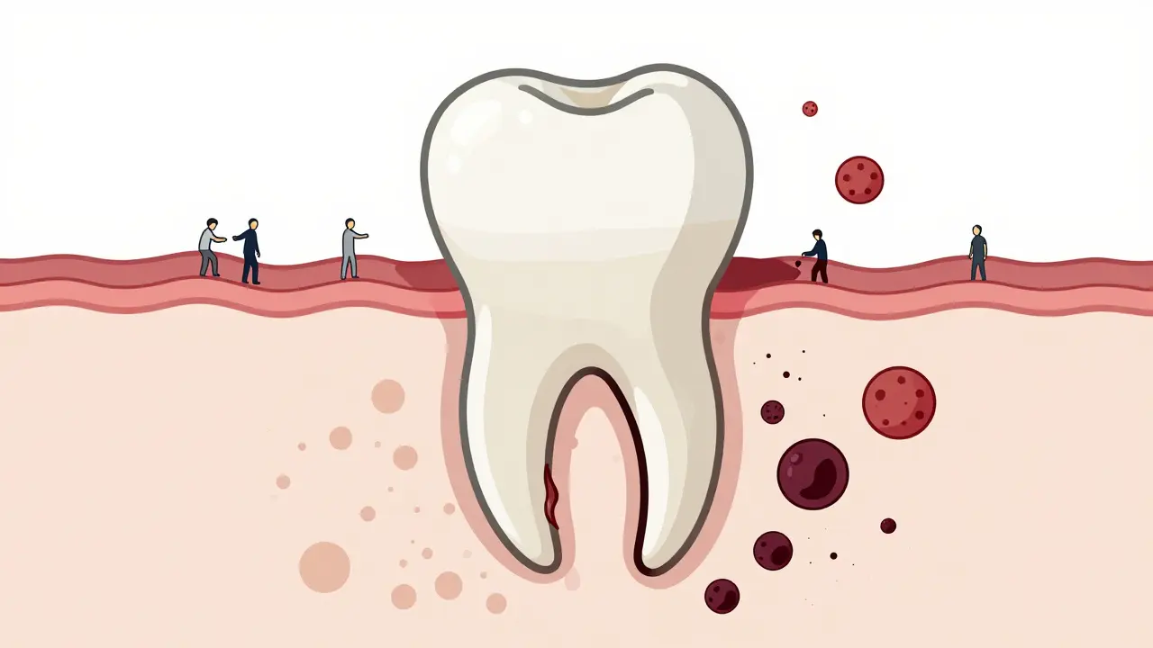 Abstraktní znázornění zablokovaného zubního kanálku a buněk, které se snaží opravit poškozenou kost