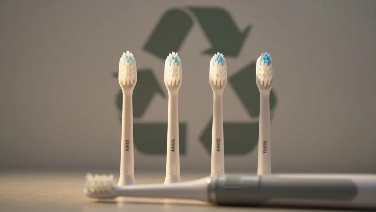 Čtyři náhradní hlavice kartáčku uspořádané podle kvartálů s recyklačním symbolem na pozadí.