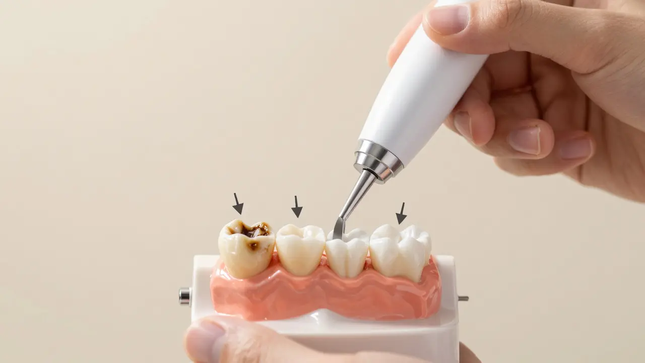 Dental model s čistými a znečištěnými povrchy zubů, ultrazvukový čistič v akci.