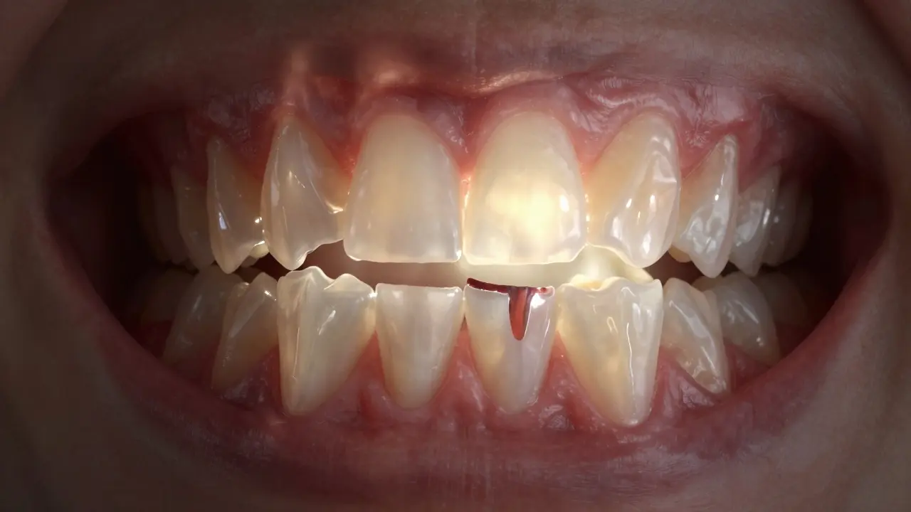 Detailní zobrazení vyrůstajícího třetího zubu pod dásní s oteklostí a zánětem.