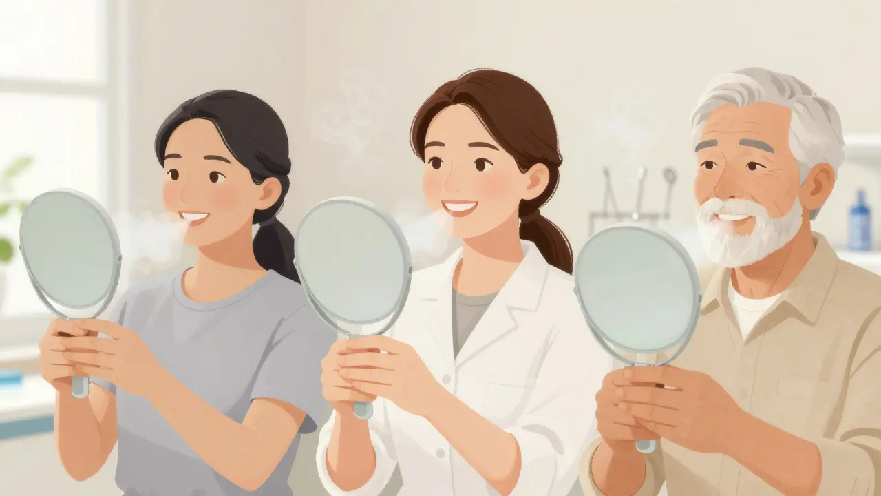 Diverse group of people smiling with mirrors after airflow dental cleaning, conveying confidence and health.