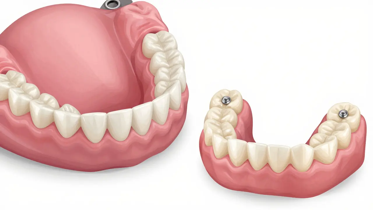 Dvě moderní zubní protézy – částečná Valplast a úplná s magnety – na bílém povrchu.