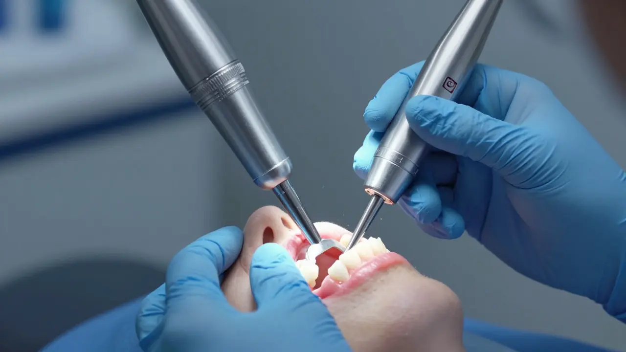 Laserové bělení zubů s dentistem v ordinaci, viditelné laserové světlo.